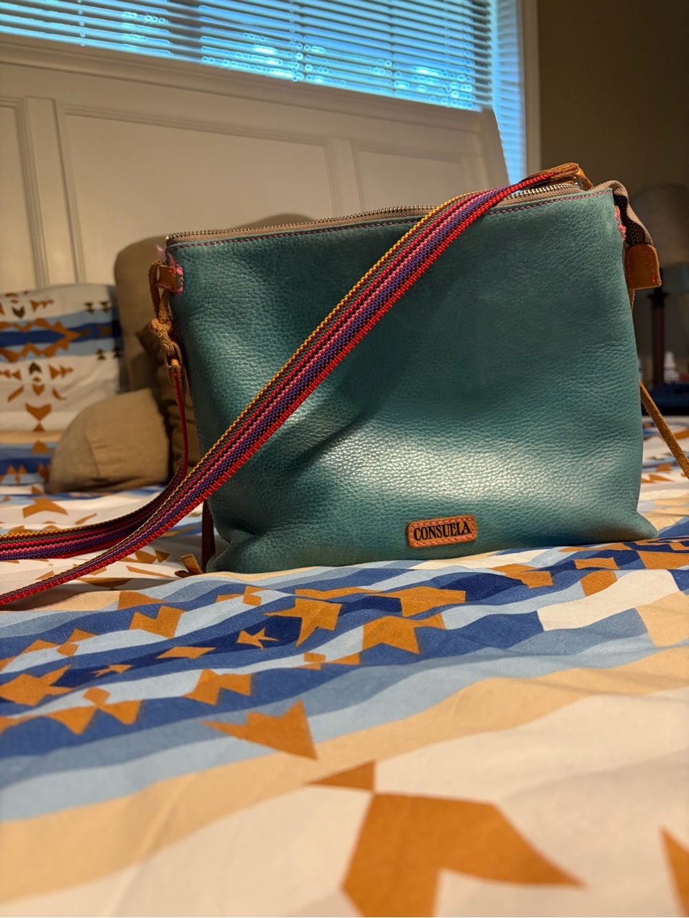 Consuela Teal Leather Crossbody with Multicolor Stripe Strap